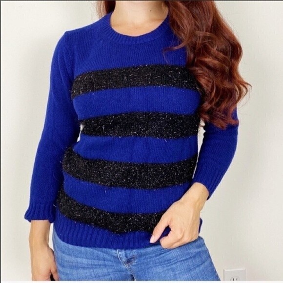 ANN TAYLOR Navy Black Stripe Cashmere Sweater Medium Tencel Holiday Christmas - Picture 1 of 6